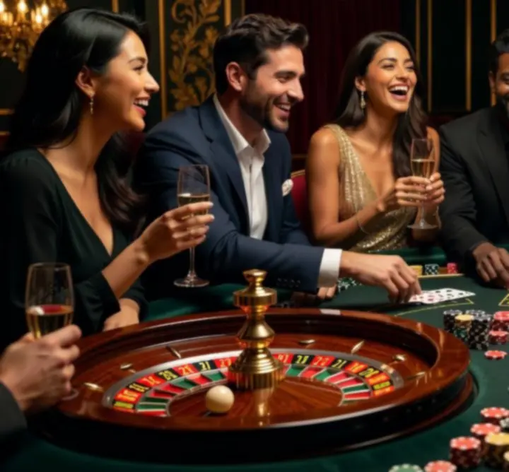 Baráti társaság tematikus kaszinóestet élvez elegáns asztalok mellett