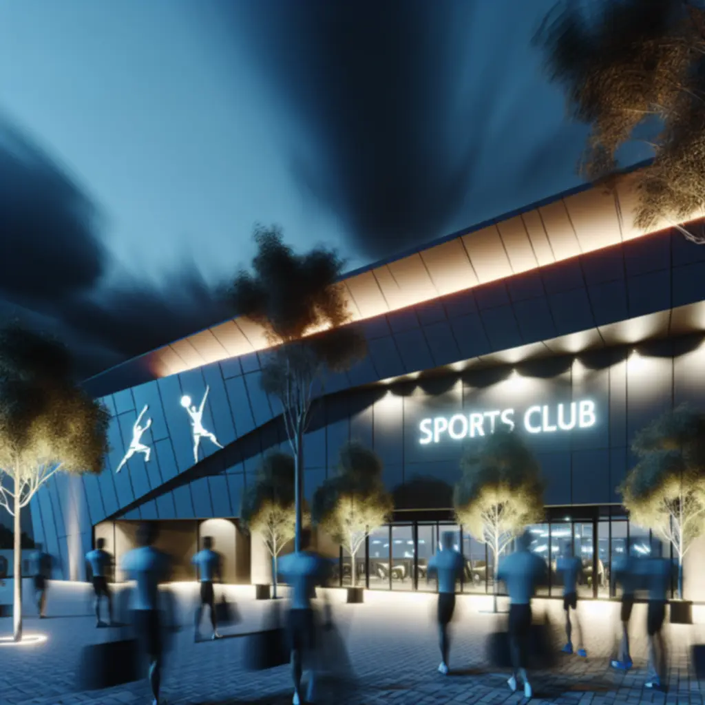 Verlichte buitenzijde van Sportclub Franeker in de avond.