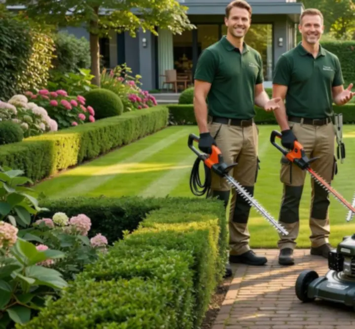 Tuinonderhoudsteam dat een complete tuinservice uitvoert