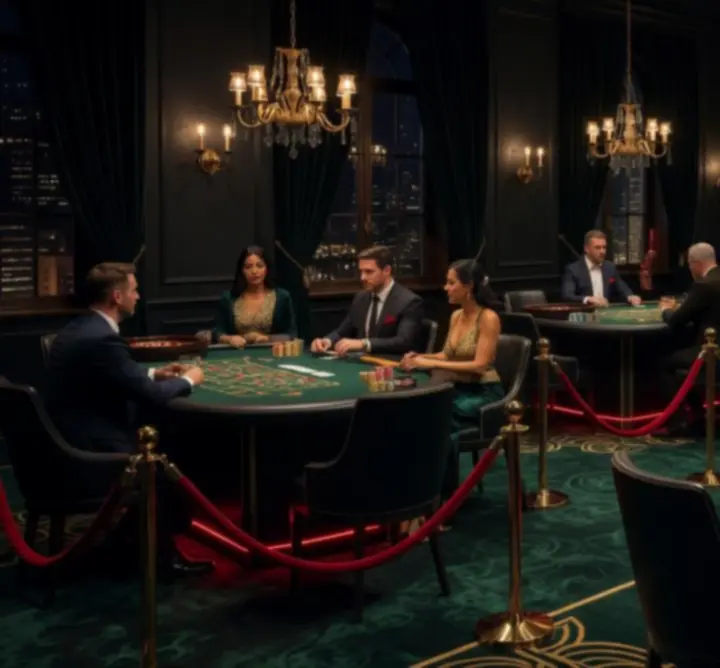 Mélyzöld fényekkel megvilágított elegáns kaszinó hangulatú rendezvény