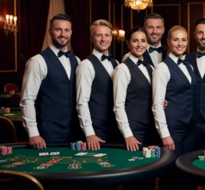Elegánsan öltözött dealer csapat kaszinóasztal mögött
