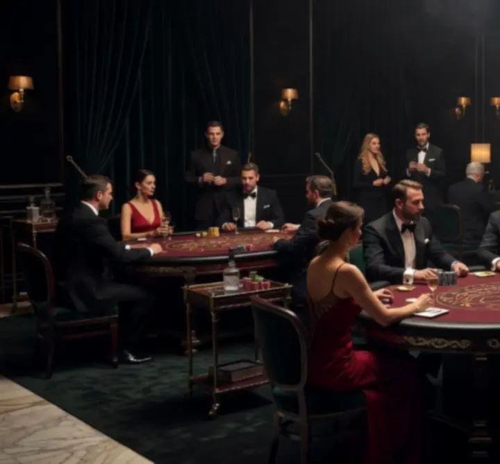 Tematikus kaszinó hangulatú rendezvényasztal sötét, elegáns környezetben