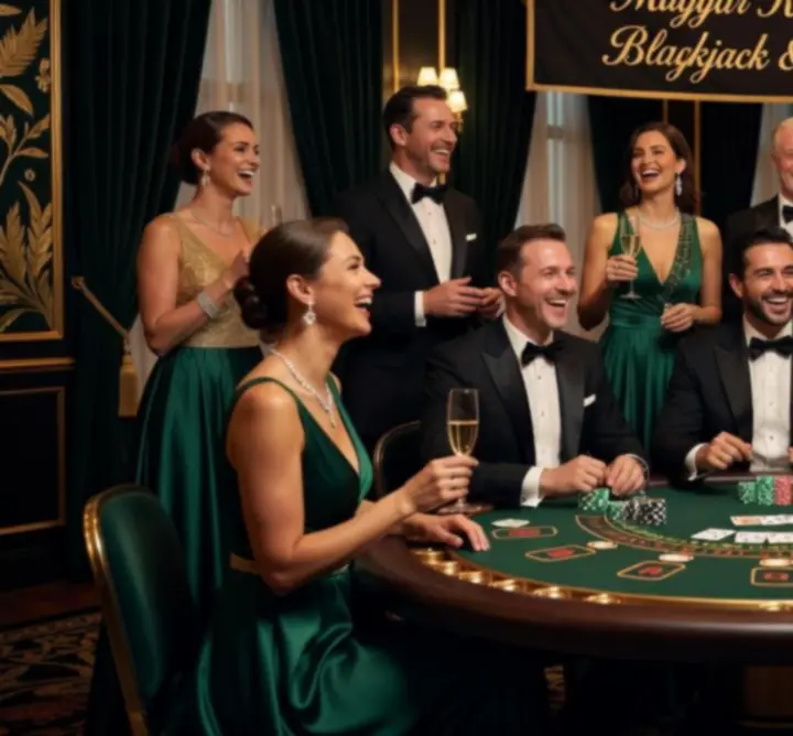 Blackjack party elegáns kaszinóasztallal és vendégekkel