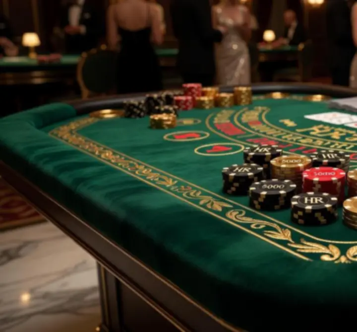 Zöld posztóval borított arany részletekkel díszített kaszinóasztal