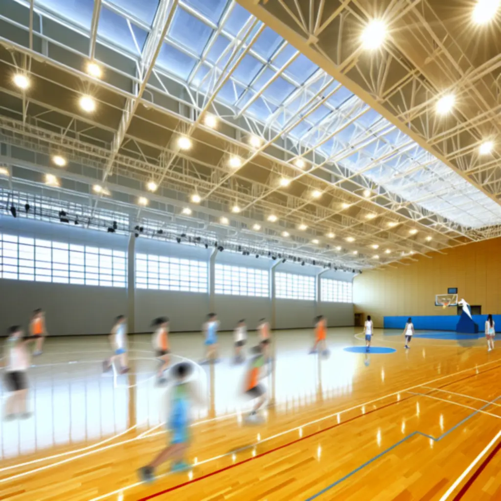 Binnenzicht van een moderne sporthal met lijnen voor meerdere sporten.