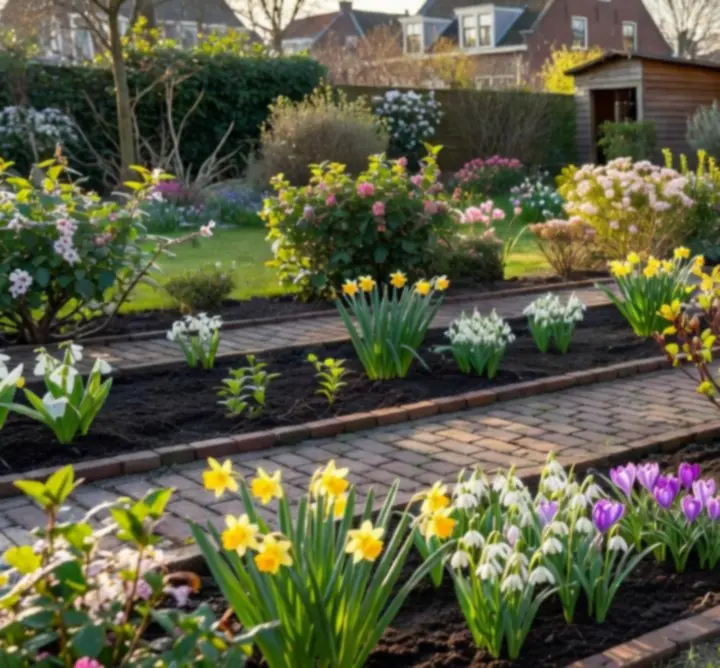 Voorjaarstuin met fris groen gazon en jonge beplanting
