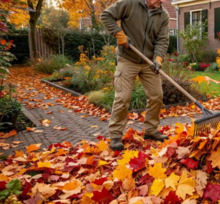 Najaarstuin met vallende bladeren en gesnoeide beplanting