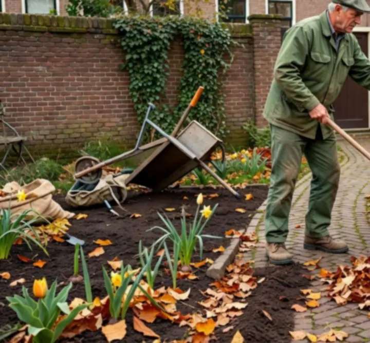 Tuinteam dat een Nederlandse tuin opruimt tijdens een seizoensschoonmaak