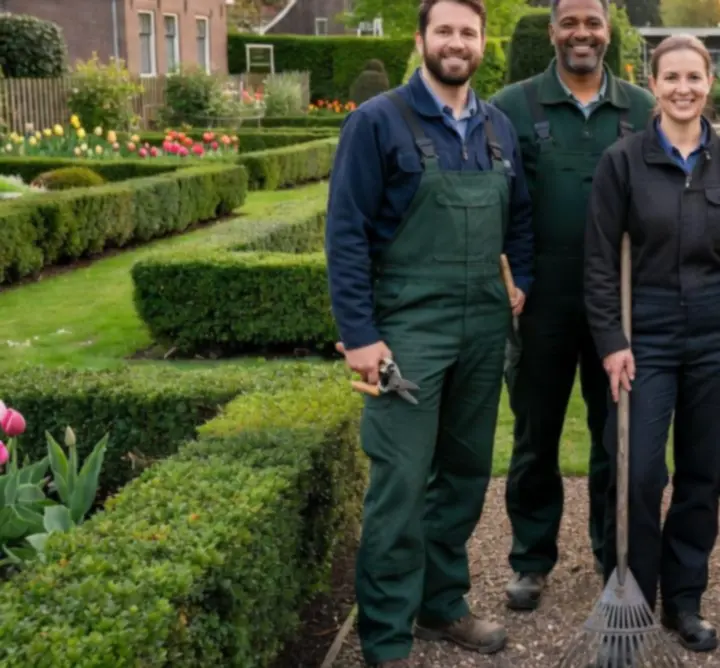 Team van NLSC Breneker aan het werk in een groene tuin