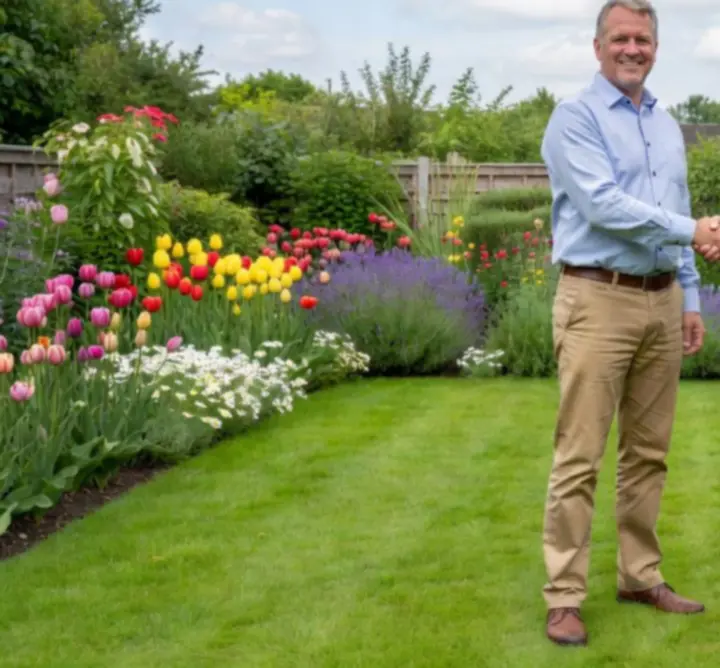 Tevreden klant in een verzorgde tuin