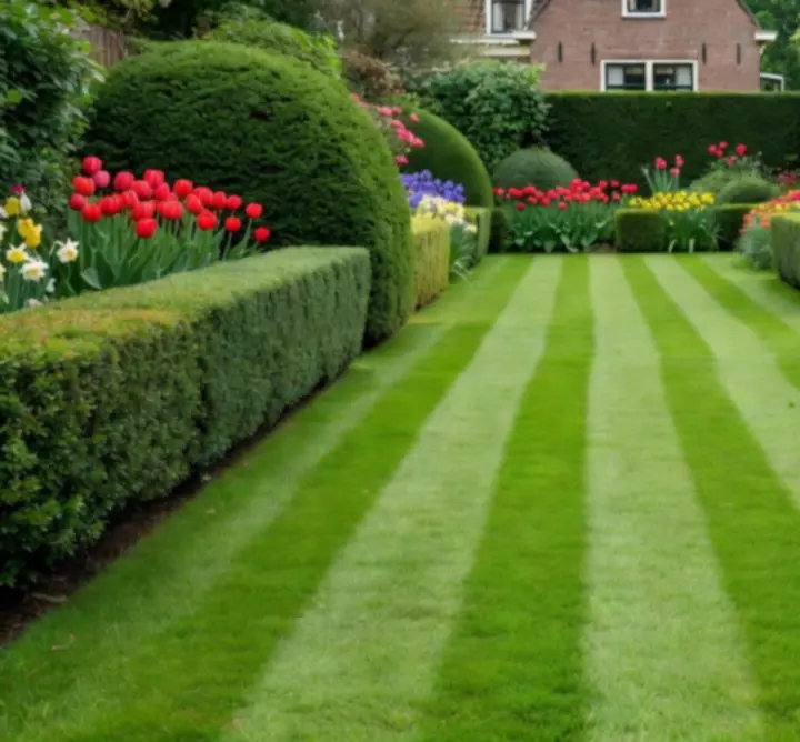 Tevreden klant die uitkijkt over een verzorgde tuin na onderhoud door NLSC Breneker
