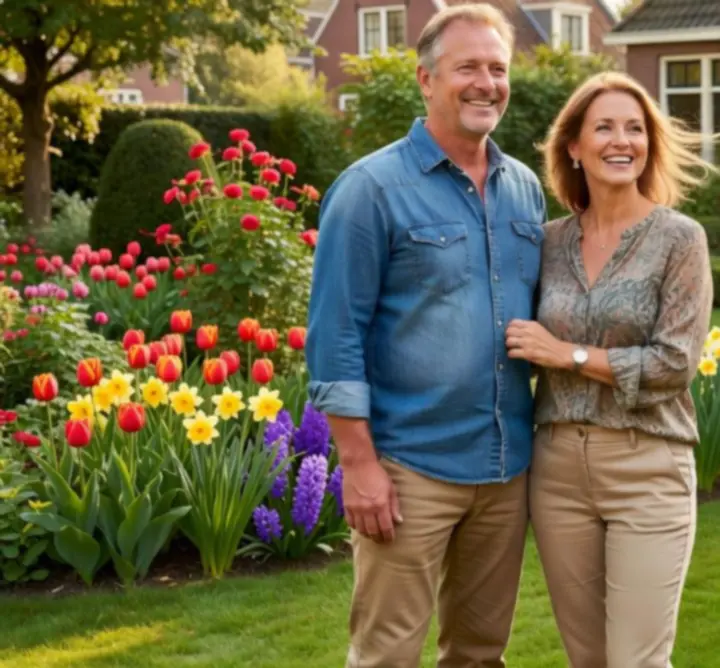 Tevreden klant die in een verzorgde tuin staat