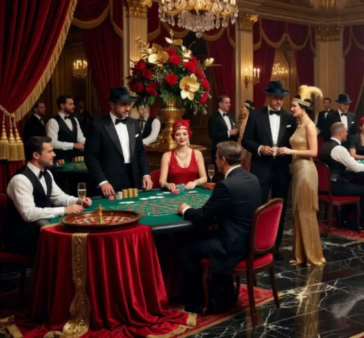 Tematikus kaszinó éjszaka díszített játékasztalokkal