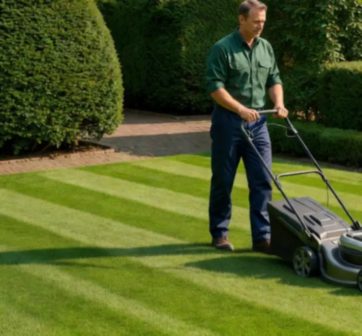 Tuinman van NLSC Breneker aan het werk in een groene tuin