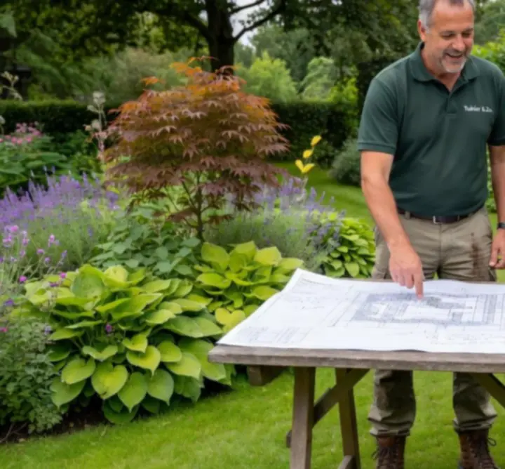 Tuinman van NLSC Breneker in adviesgesprek met een klant in de tuin
